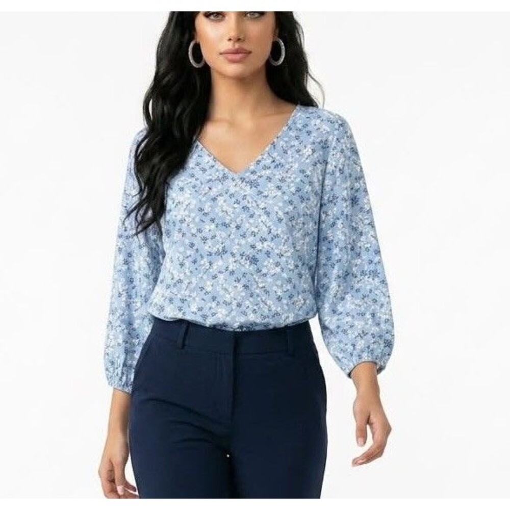 Mario Serrani Women's V-Neck Top Blue Floral Size Large